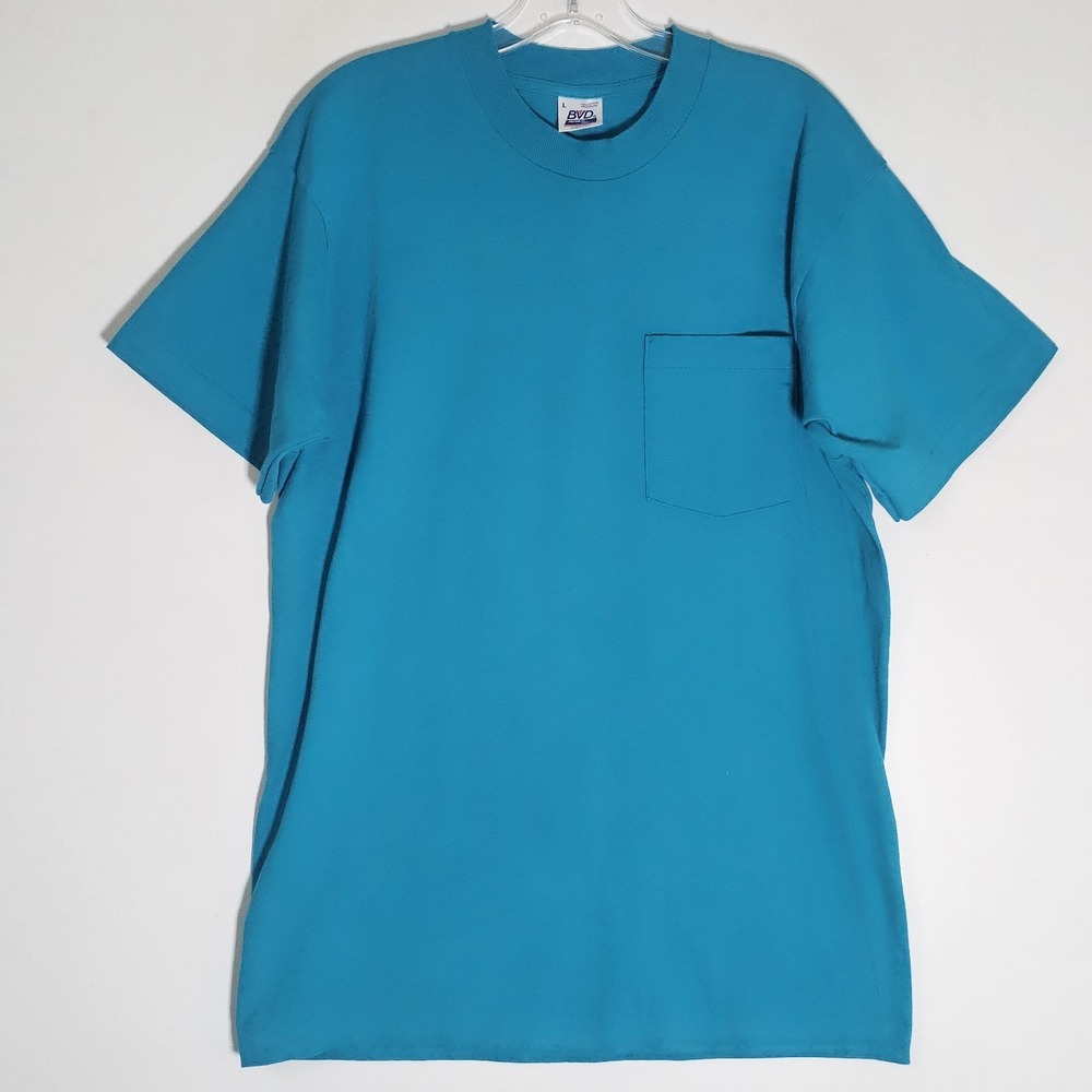 Vintage BVD T Shirt Mens Large Teal Blue Blank Single Stitch Made In USA Pocket